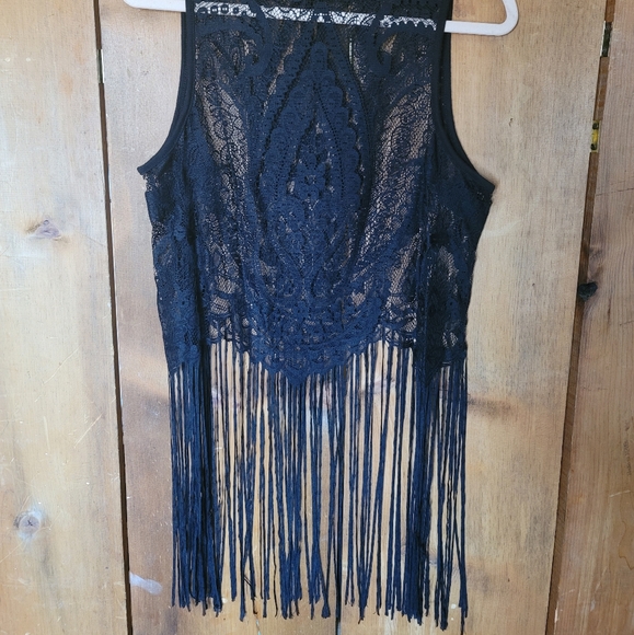 COPY - Torrid cowboy goth sheer lace fringe top black top Sz 00 - Picture 2 of 5